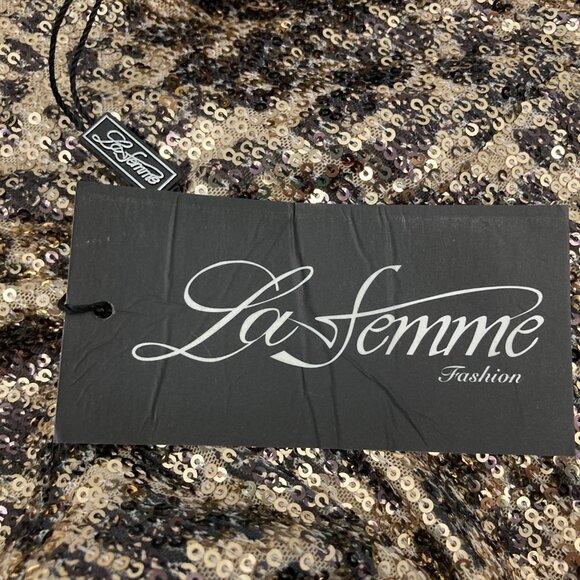 NWT La Femme Leopard Print Sequin Prom Dress Size 8 Criss Cross High Neck 28672 - Picture 13 of 13